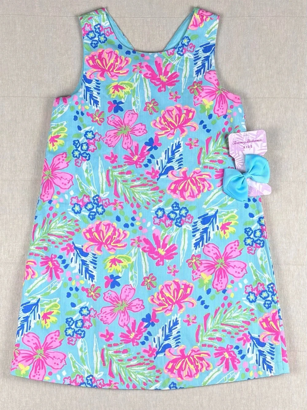 Tommy Bahama Girls' Blue Floral Shift Dress with Pink Accents